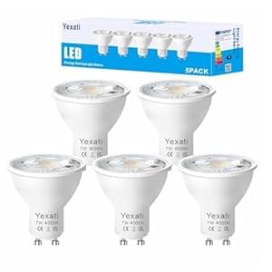 Yexati Pack of 5 GU10.7W (50W Halogen Equivalent) Flicker-Free LED Light Bulbs, Spot 550 Lumens, Natural White, 4000K, Non-Dimmable, AC 220-240V, Beam Angle 120°